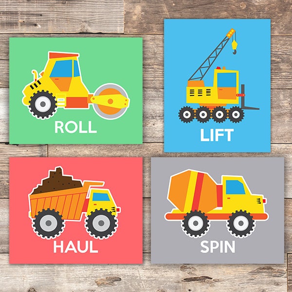 Boys Construction Trucks Set (Haul, Lift, Roll, Spin) Art Prints (Set of 4) - 8x10s