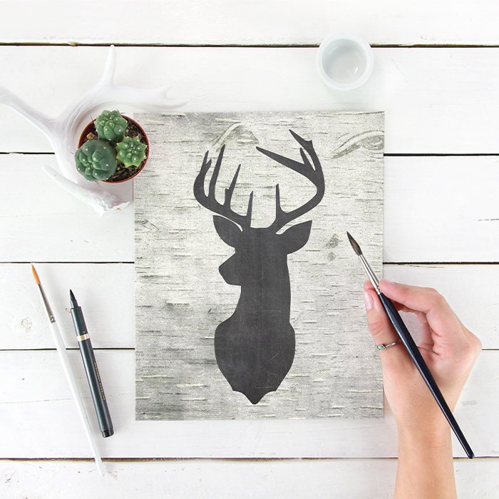 Birch Chalkboard Deer Silhouette Art Print - 8x10