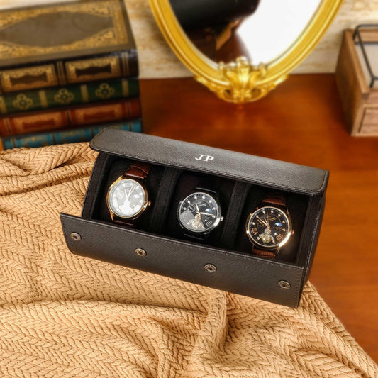 Personalized Vegan Leather Watch Box, Watch Roll for 3 Watches, Travel Watch Case, Groomsman Watch Case Gift, Father's Day gift,Wedding gift